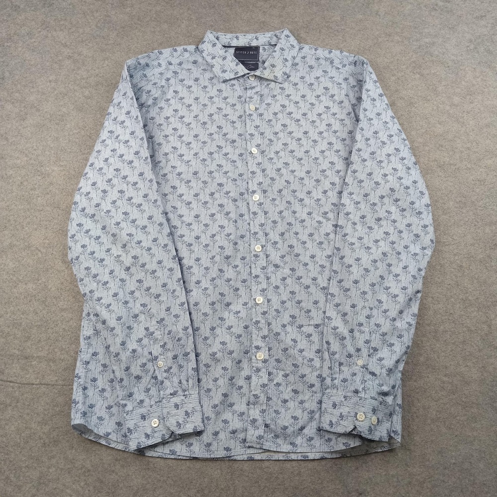 Stitch Note Shirt Mens XL Blue Floral Egyptian Cotton Button‎ Front Long Sleeve